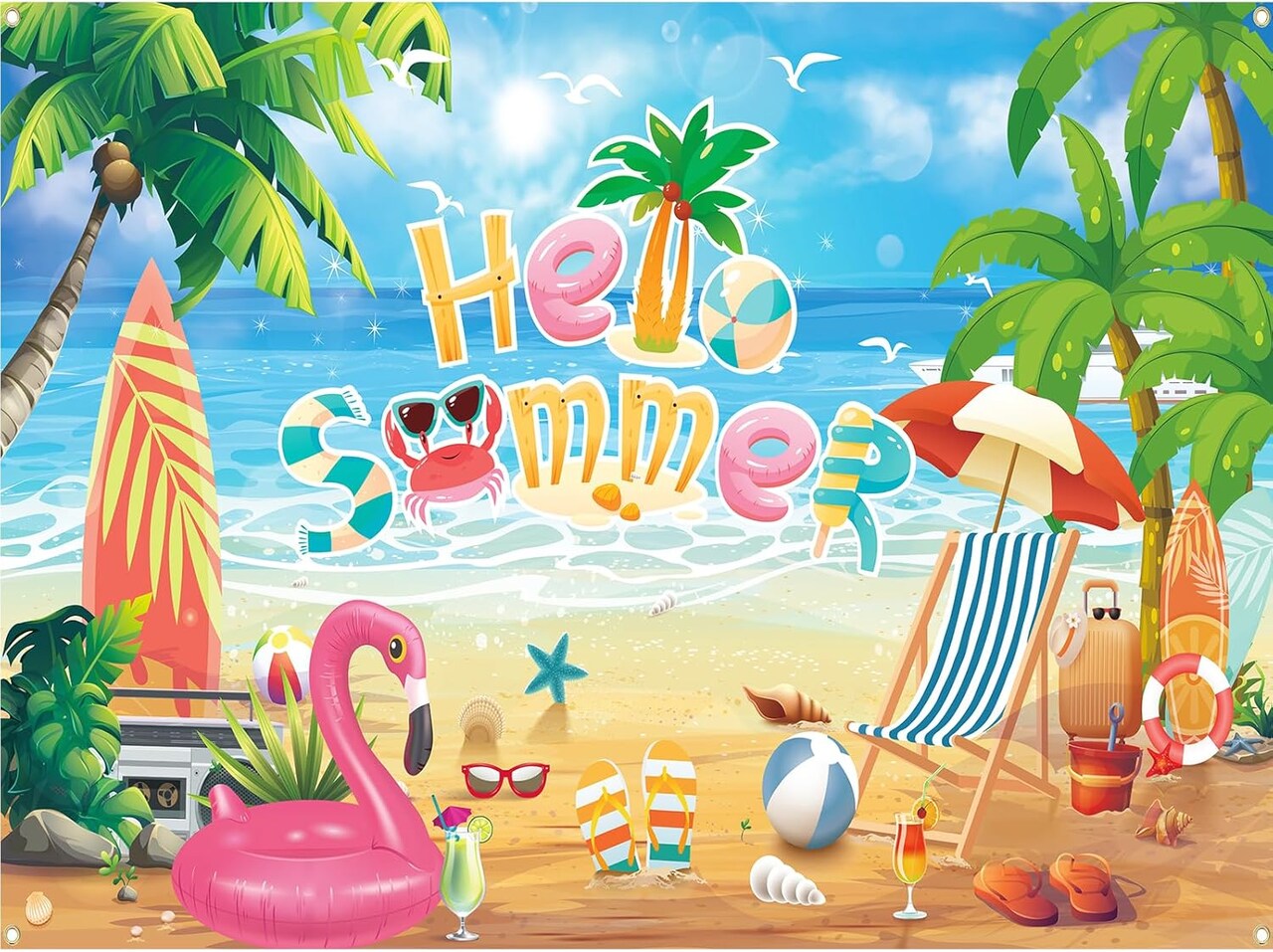 Hello Summer Beach Photo Backdrop, Schools Out for Summer Backdrop, End of School Year Party Decorations, 71 x 43 Inch